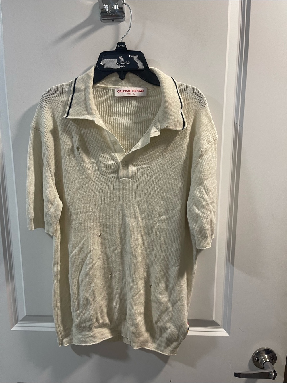 Orlebar Brown Cream Polo with Black Collar Piping Made In Italy Distressed